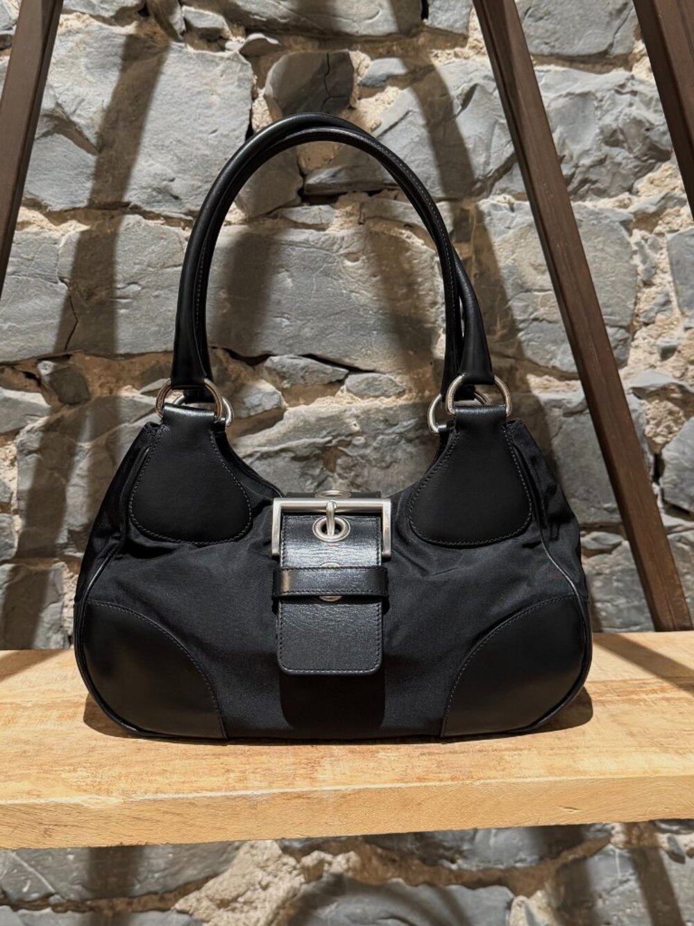 Prada Black Nylon Leather Moon Buckle Shoulder Bag